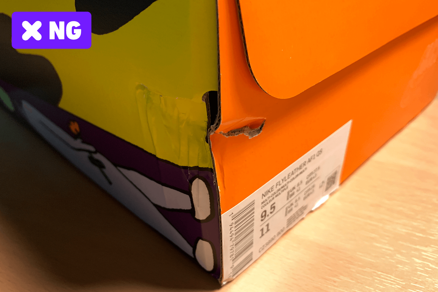 Rips and tears in the box surface.